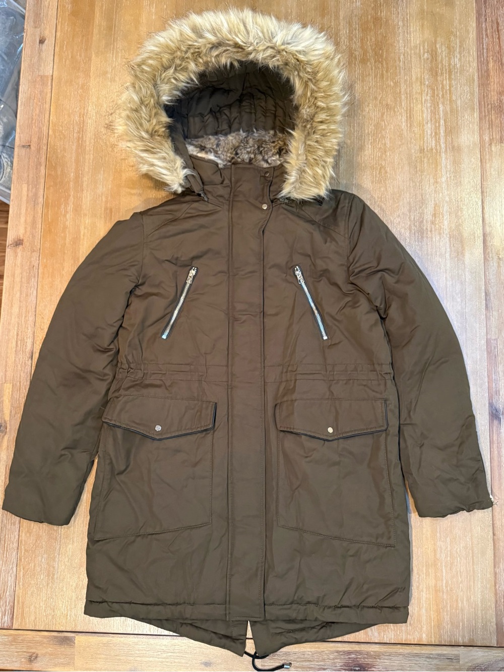 Zara Trafaluc Outerwear Womens Khaki Dk Green Fur Trimmed Detach Hood Heavy Sz L
